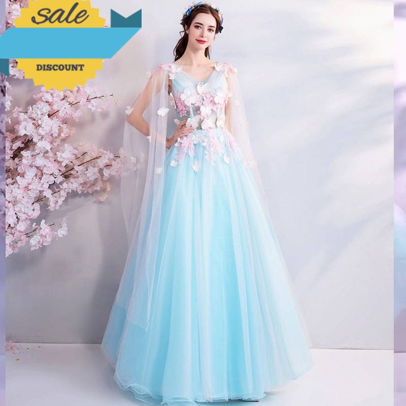 Blue Evening Dresses Sleeveless V-neck Floral - Bargaindirectstore.com