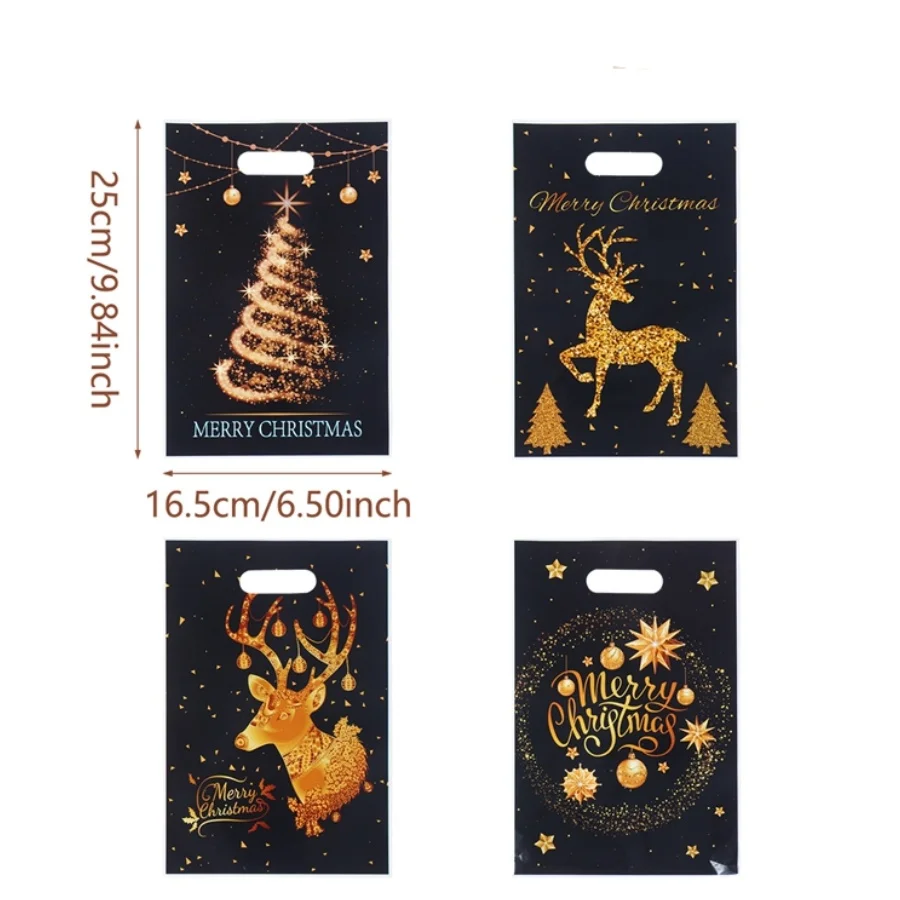 10/25/50pcs Black Golden Christmas Gift Bag Plastic Handbag Christmas Decoration 