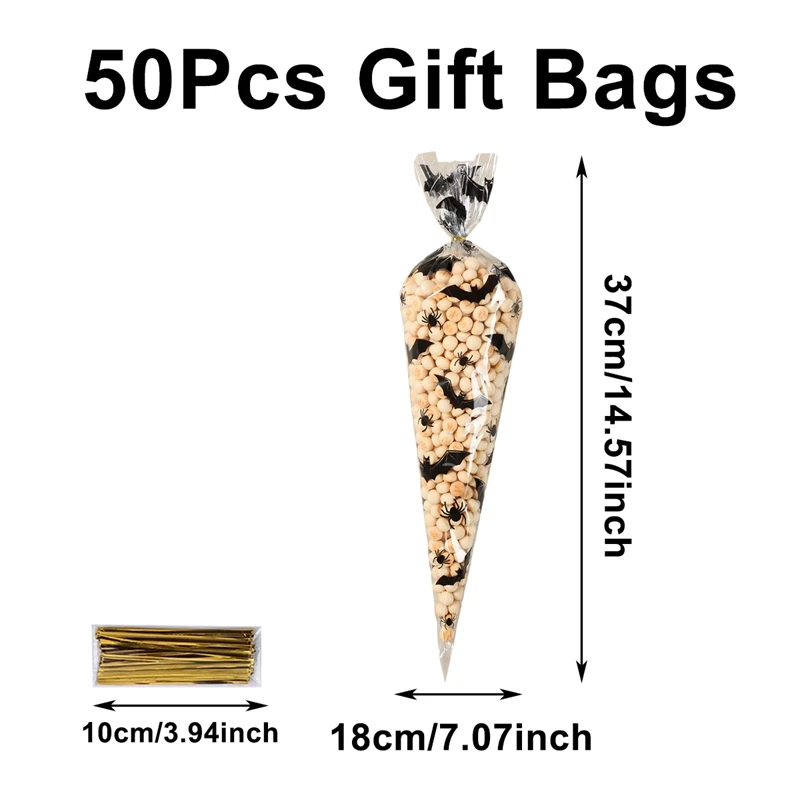50 X Halloween Candy Bags Pumpkin/ Bat Patterned Cone